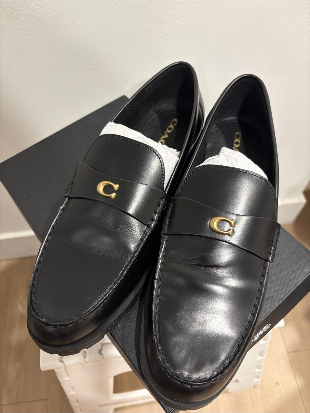 Coach Jocelyn Black Leather Loafers Size 11 with Gold 'C' Hardware with Box